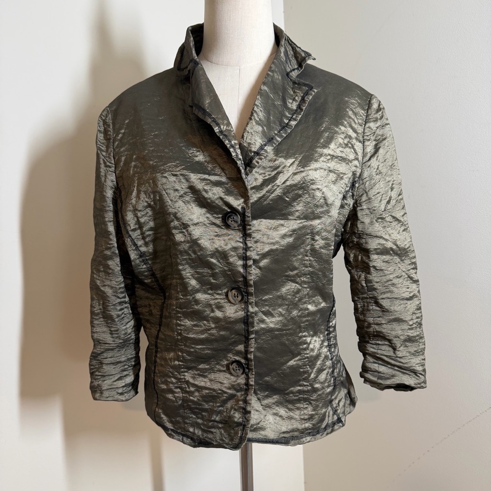 Etcetera Women’s Olive Green Crinkle Fabric - SZ 14- 3/4 Sleeve Cropped Jacket